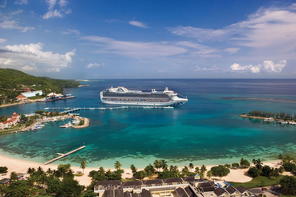 Aerial shot of Princess cruise ship in a bay